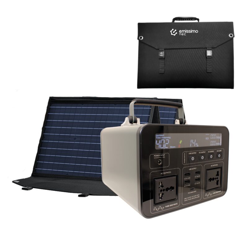 Emissimo Tec Starter Set Mobiler Strom für den Notfall: Steckdose 500Wh + 100W Solar Panel