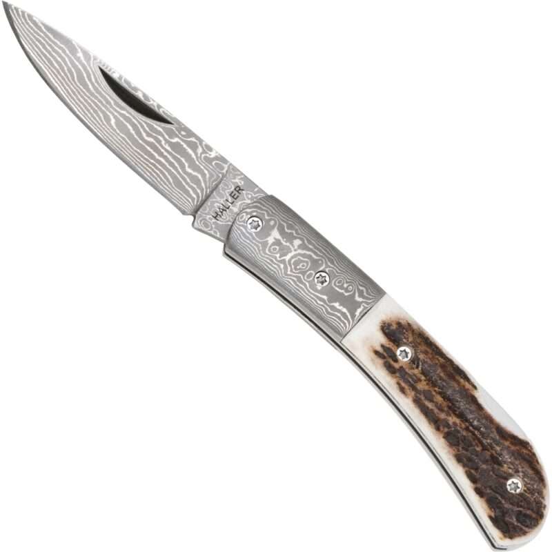 Damast-Taschenmesser Hirschhorn in Holz-Geschenk-Box §42a konform legal führen