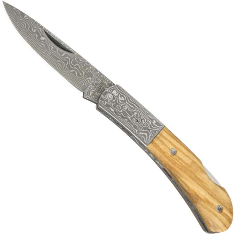 Damast-Taschenmesser Olivenholz mit Holzschatulle §42a konform legal führen
